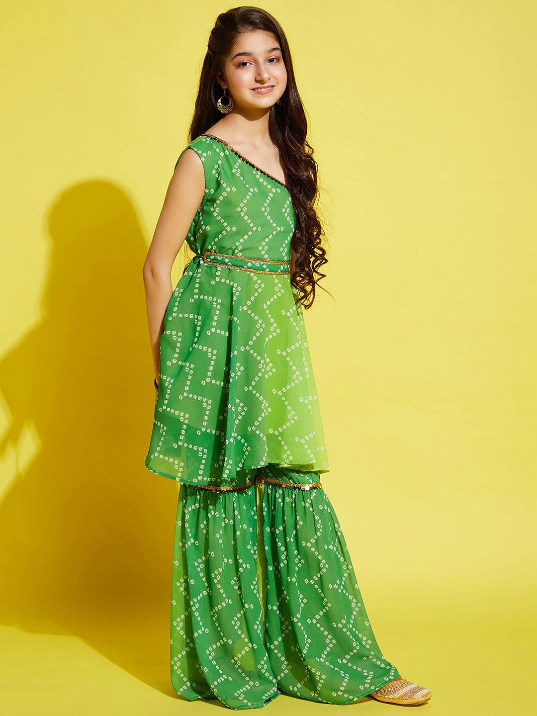 Girls Green Yellow Bandhani Printed A-Line Kurta with With Sharara