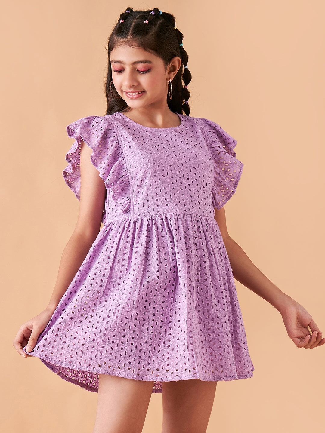 Girls Lavender Flutter Sleeve Fit  Flare Short Dress