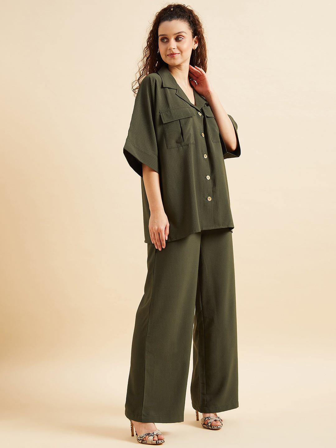 Self Design Oversized Loose Fit Shirt With Trouser Co-Ords