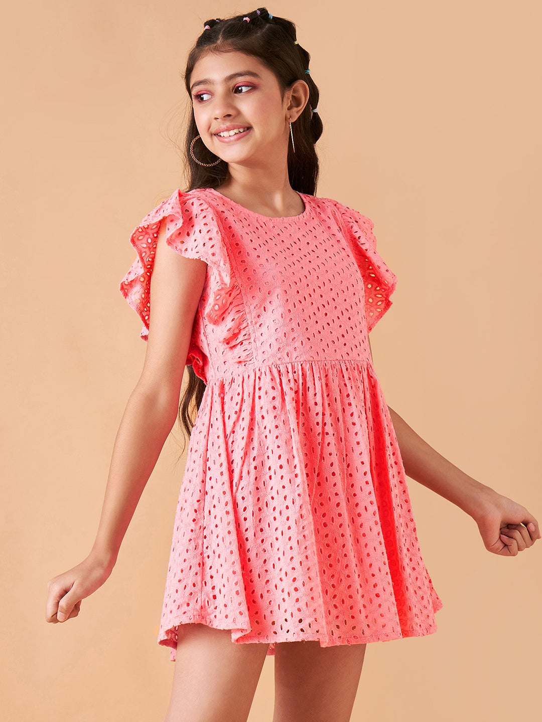 Girls Pink Flutter Sleeve Fit & Flare Mini Dress