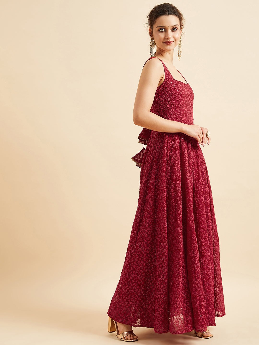 Embroidered Georgette Fit & Flare Maxi Dress - Red