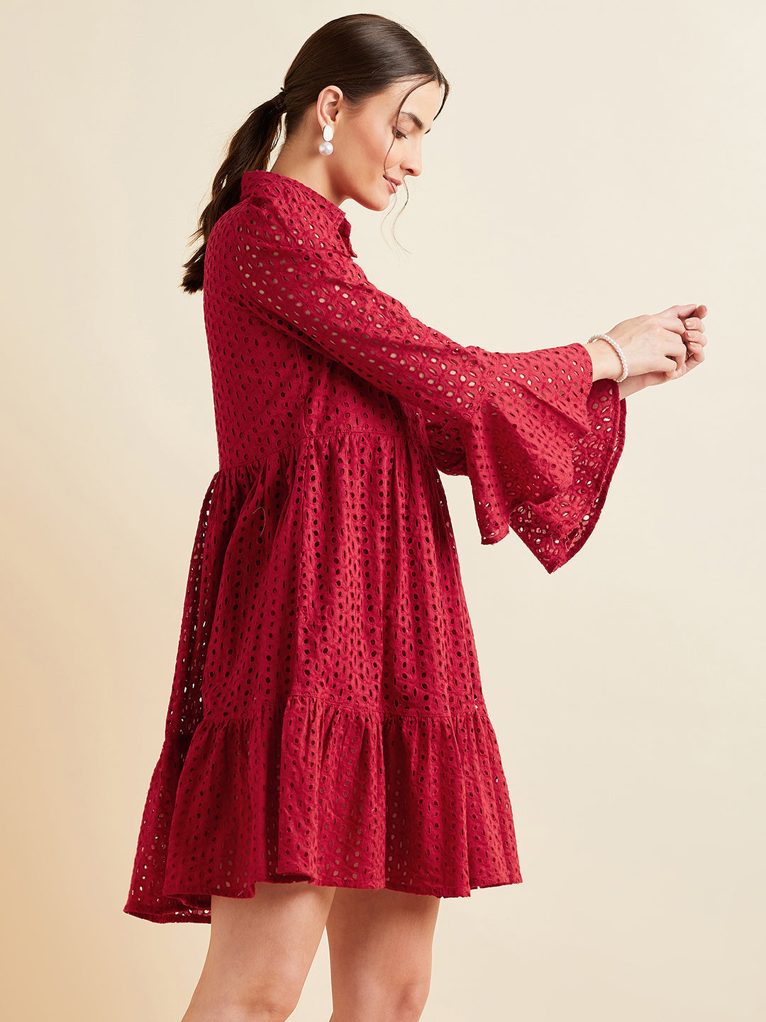 Women Maroon Shirt Collar Bell Sleeve Ruffled Schiffli Cotton A-line Dress