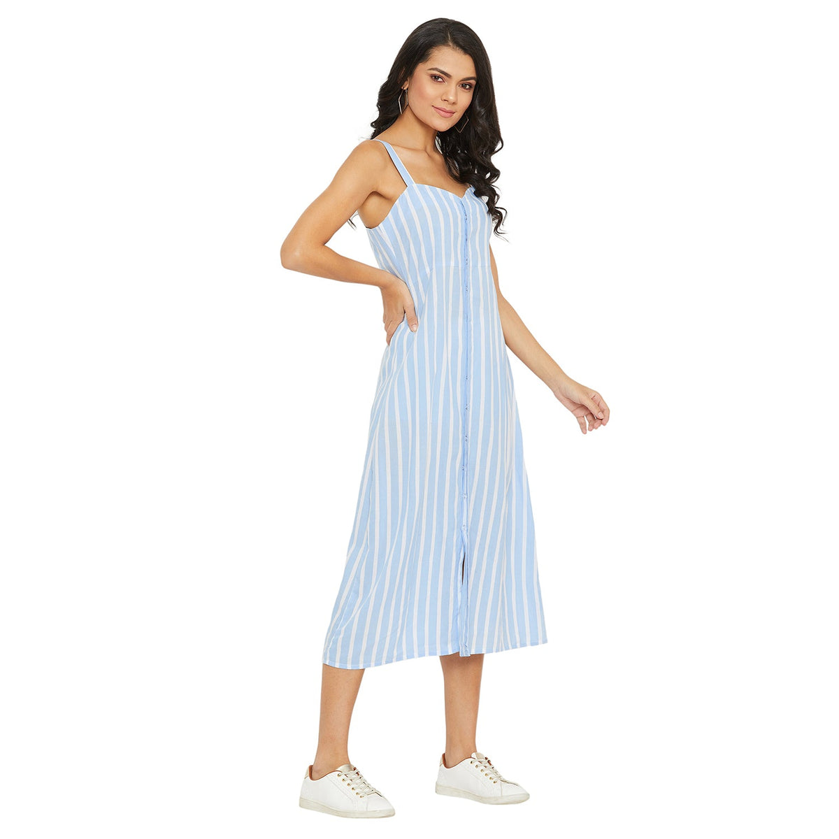 Women Blue and White Stripe Fit and Flare Midi Dress