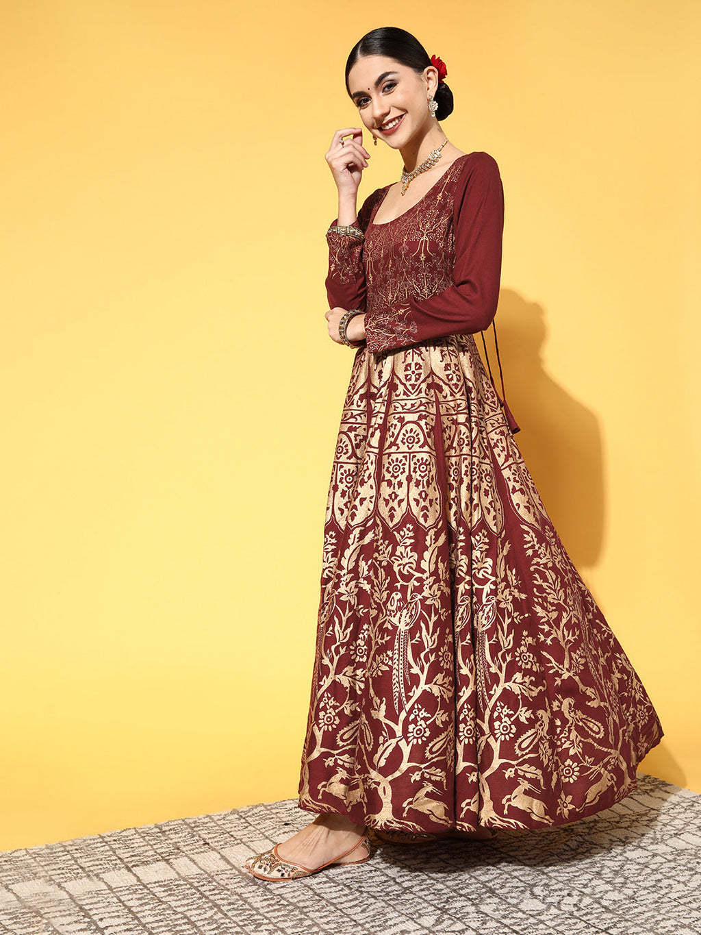 PANIT Maroon Ethnic Motifs Swirling Volume Dress
