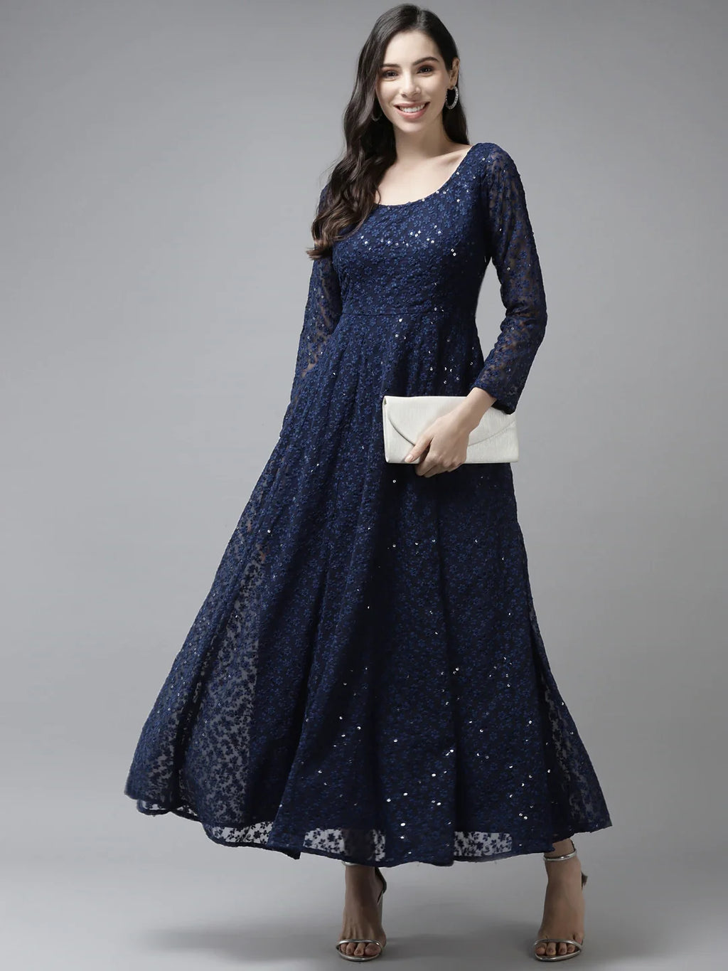 PANIT Women Navy Blue Ethnic Motifs Embroidered Ethnic Maxi Dress