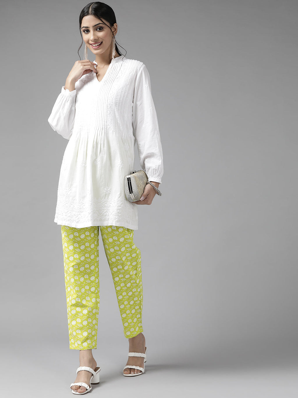Women Lime green and white woven trousers