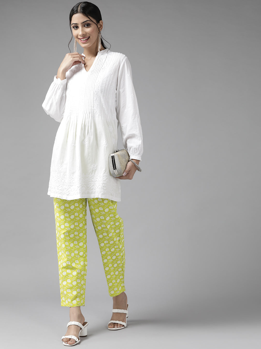 Women Lime green and white woven trousers