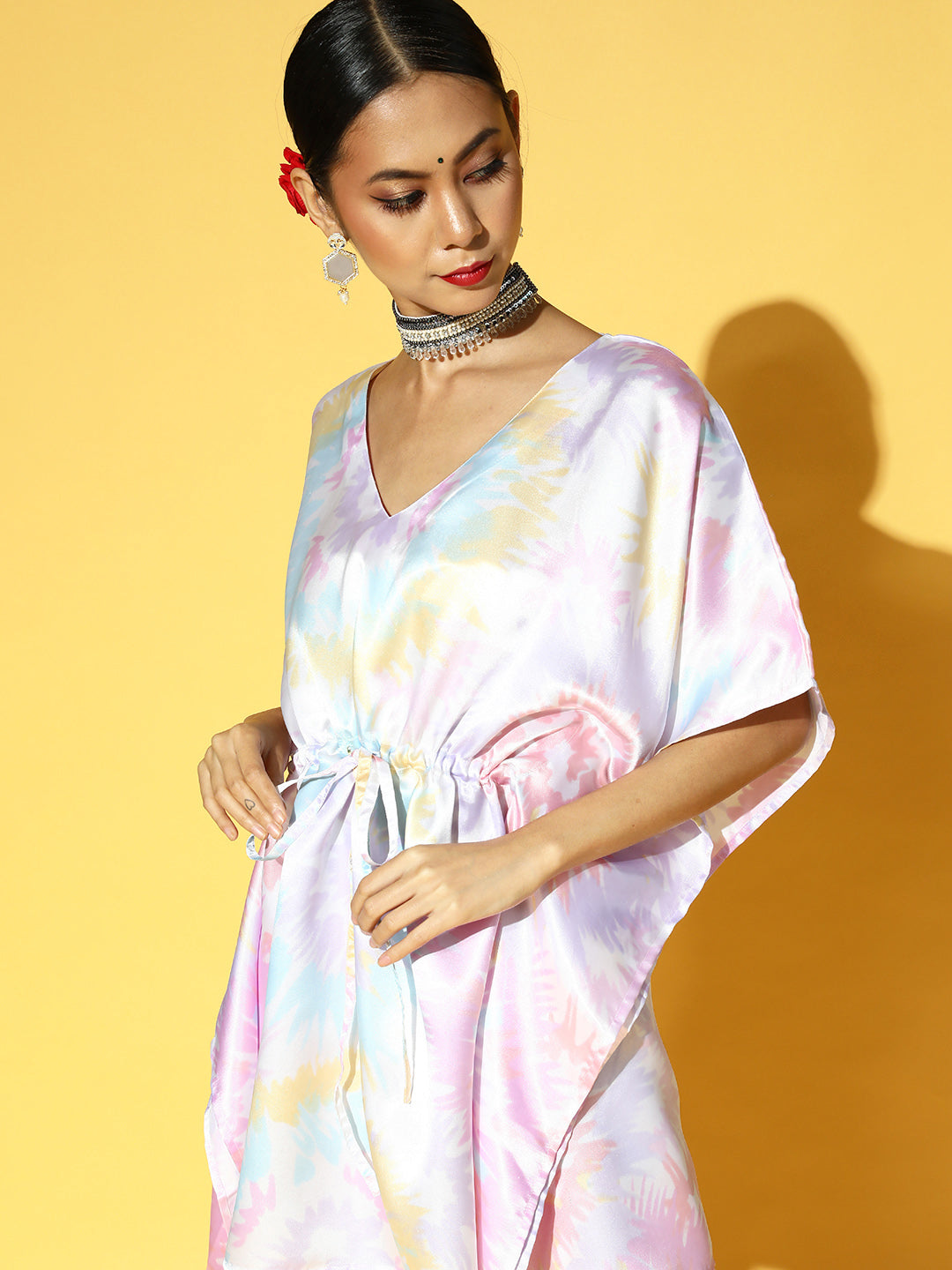 Women White & Pink Leheriya Printed Kaftan Kurta with Trousers