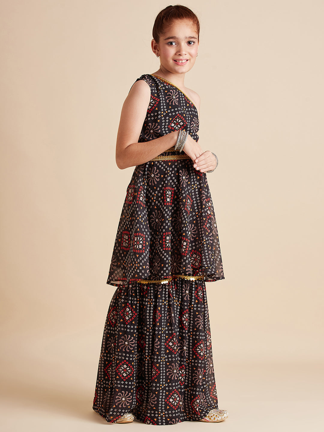 Girls Bandhani Printed Empire Gotta Patti Kurta with Sharara