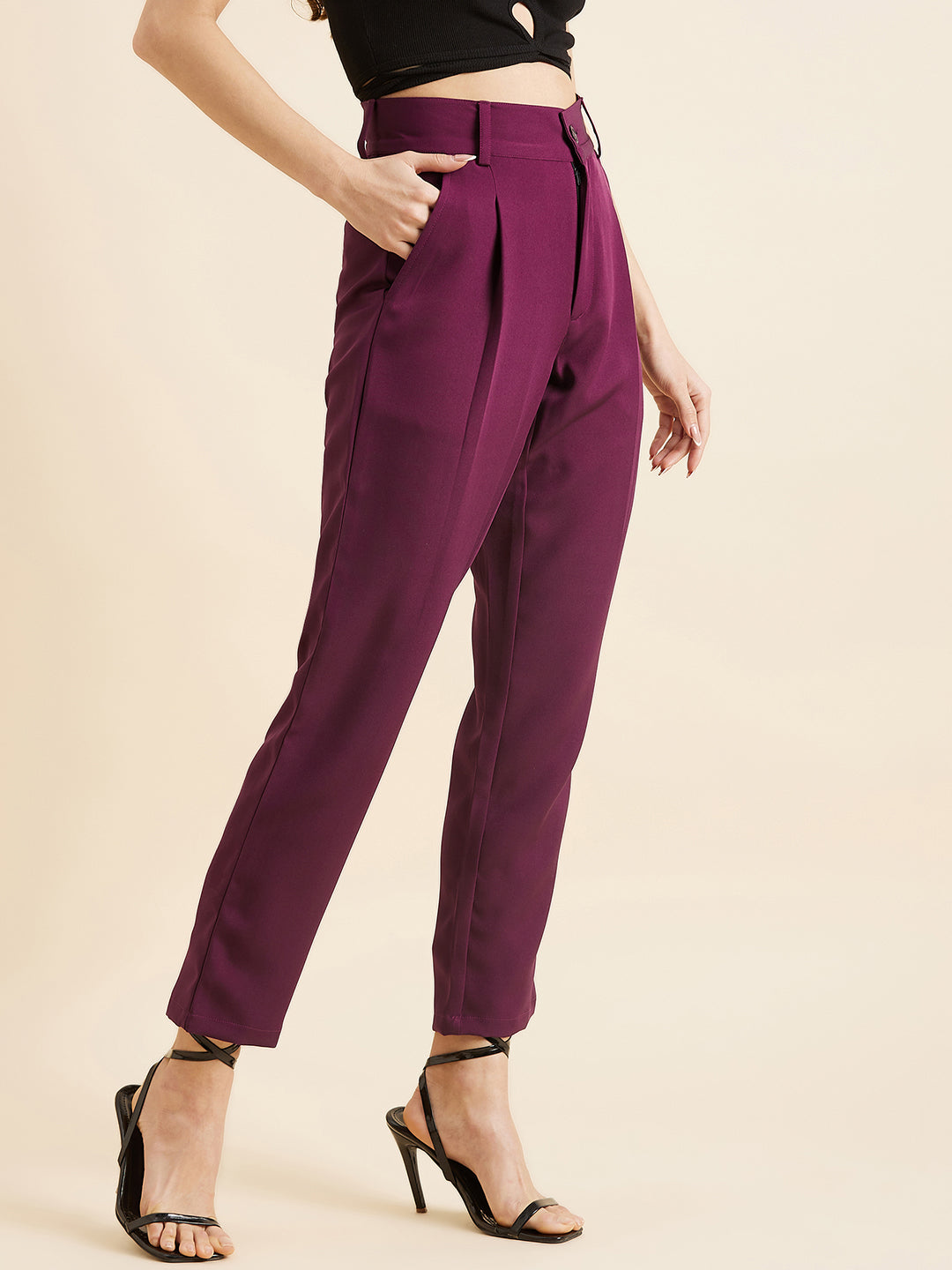Burgundy Relaxed Straight Fit High-Rise Pleated Formal Trousers