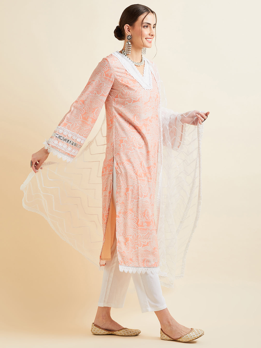 Pink Floral Printed Regular Patchwork Kurta with Trousers & With Dupatta