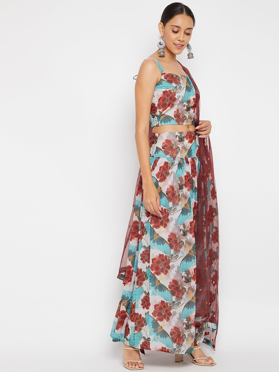 Women Blue Floral Printed Regular Top with Skirt & With Dupatta