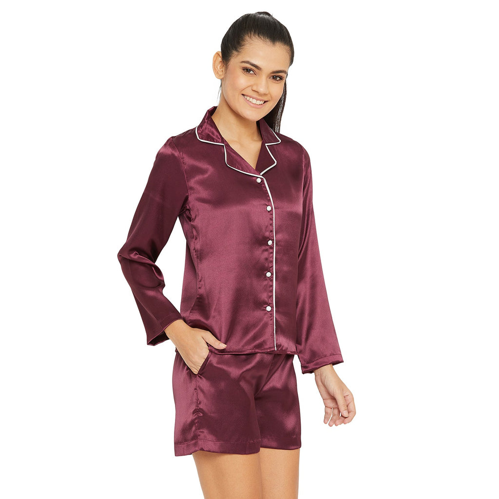 Women Wine Satin Finish Solid Night Suit
