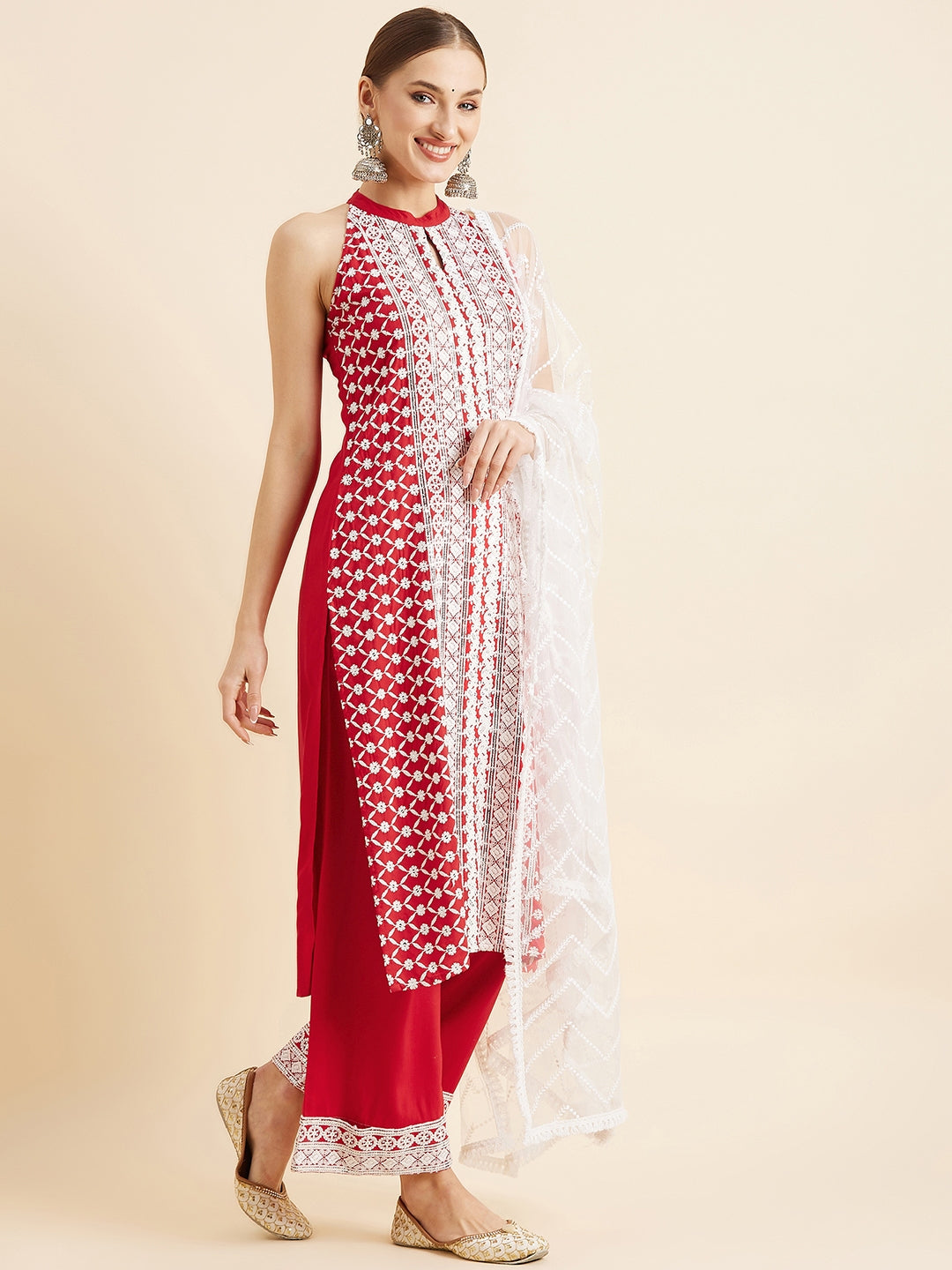 Red & White Ethnic Motifs Embroidered Thread Work Kurta With Trousers & Dupatta