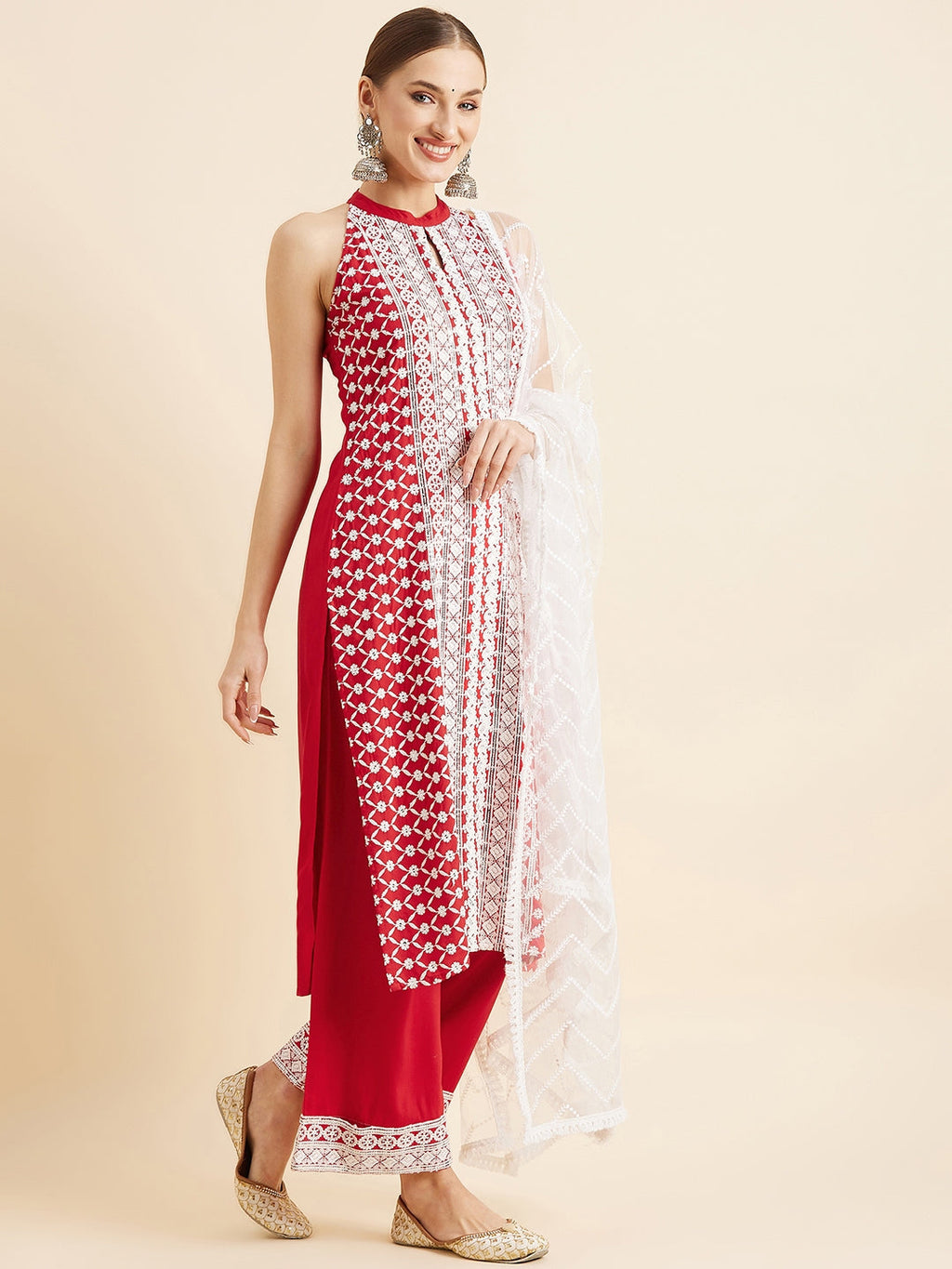 Red & White Ethnic Motifs Embroidered Thread Work Kurta With Trousers & Dupatta