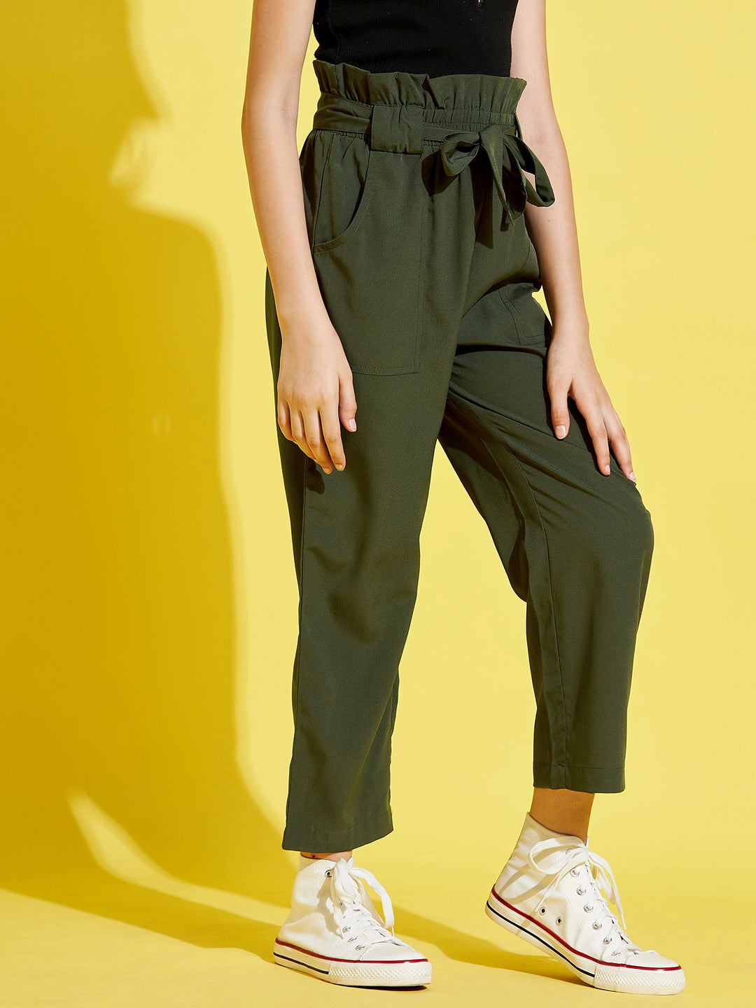 Girls Olive Solid Peg Trouser