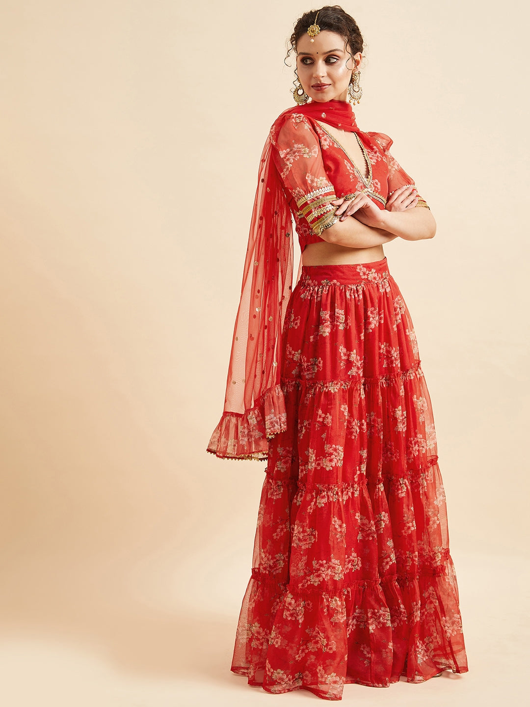 Red Floral Printed Ready to Wear Lehenga & Blouse With Dupatta