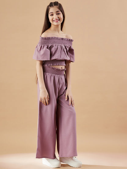 Girls Off-Shoulder Mauve Top with Trousers