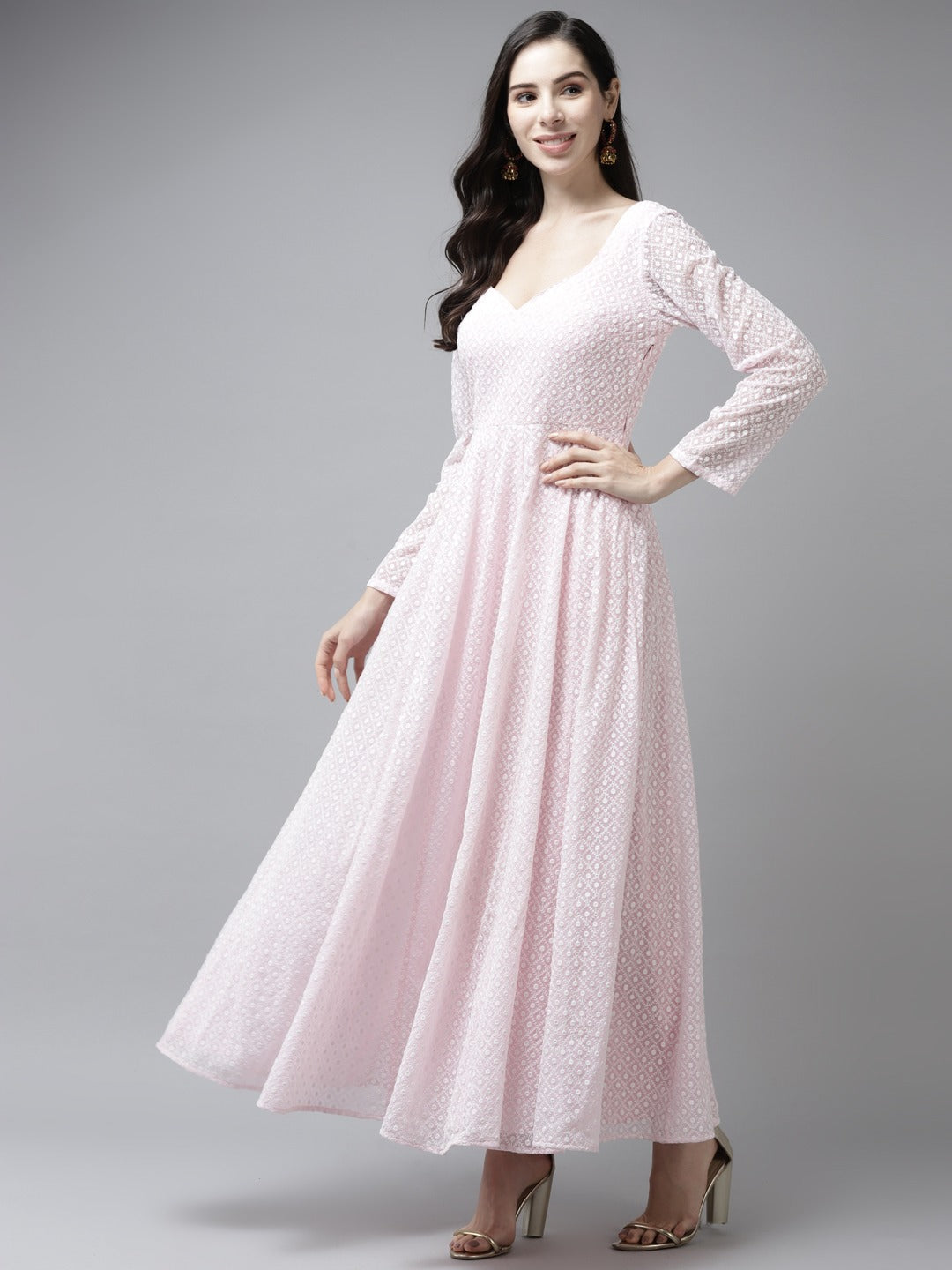 Pink & White Ethnic Motifs Embroidered Georgette Ethnic Maxi Dress With Dupatta