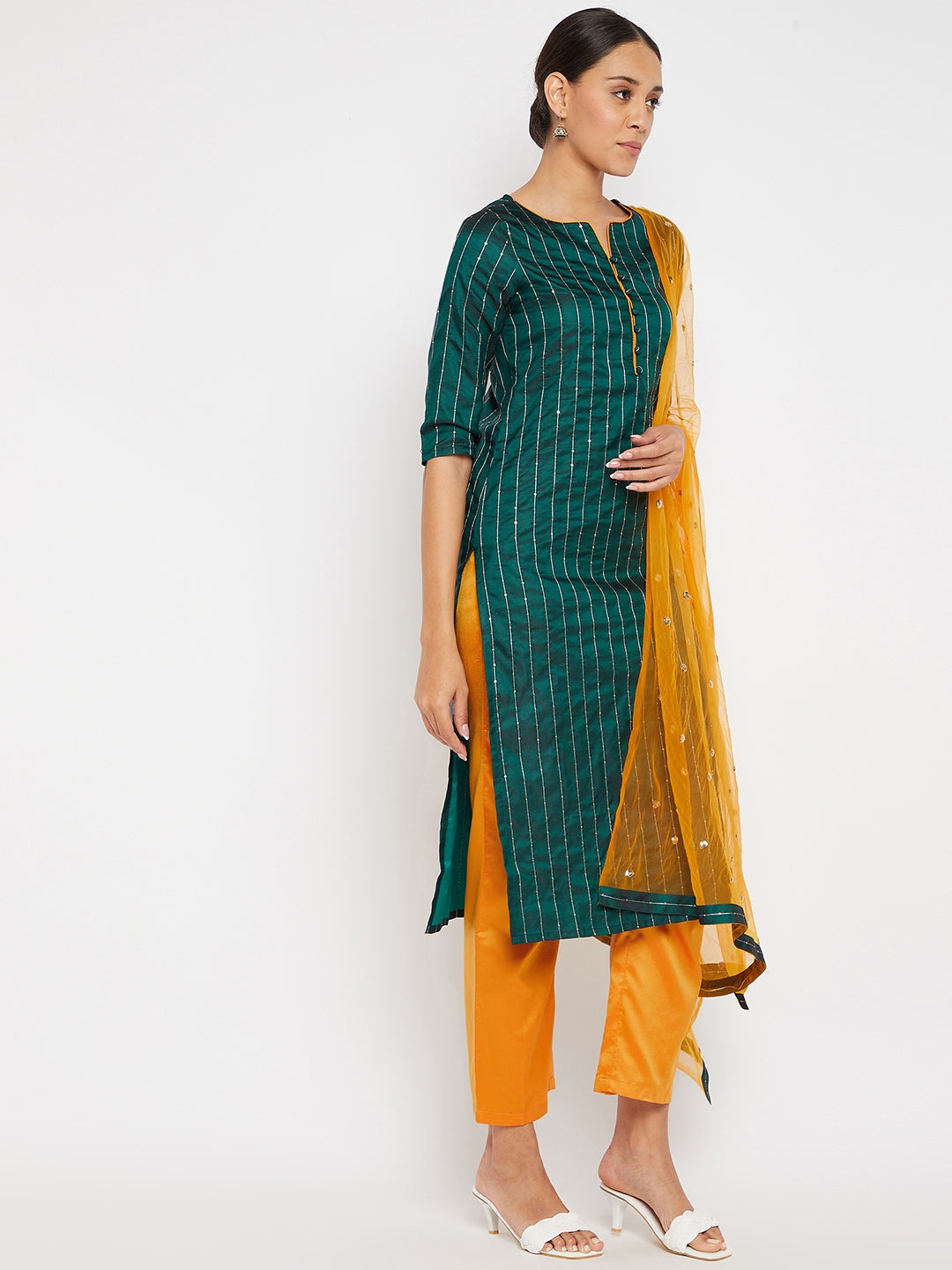 Women Green Mustard Sequin Straight Kurta Set with Dupatta