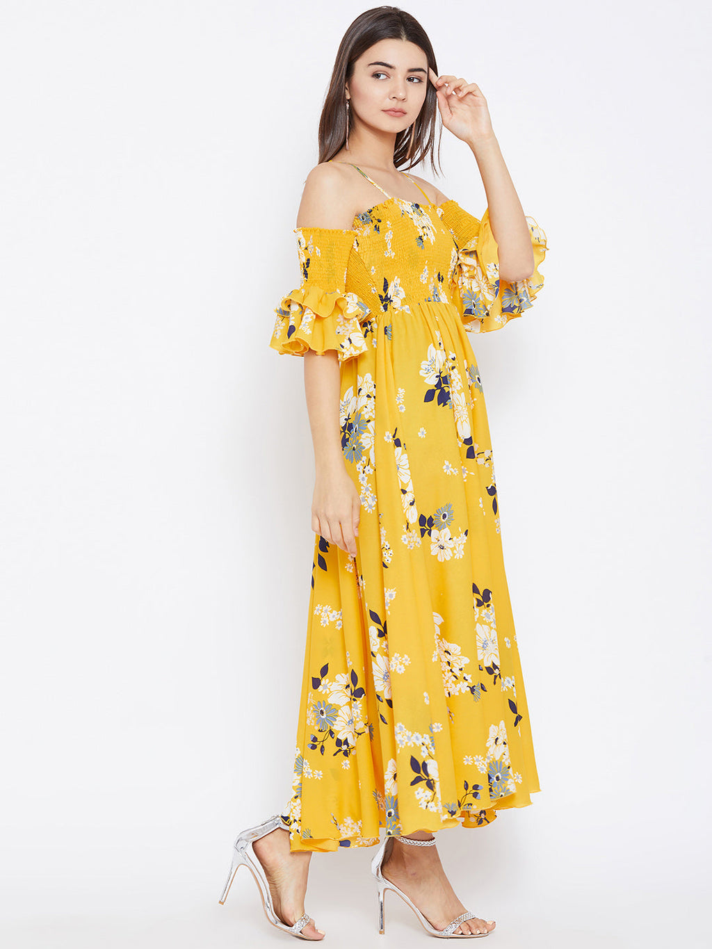 Women Yellow Floral Print Maxi Dress