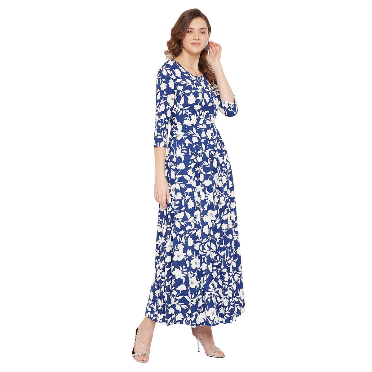 Women Blue and White Floral Printed Maxi Dress