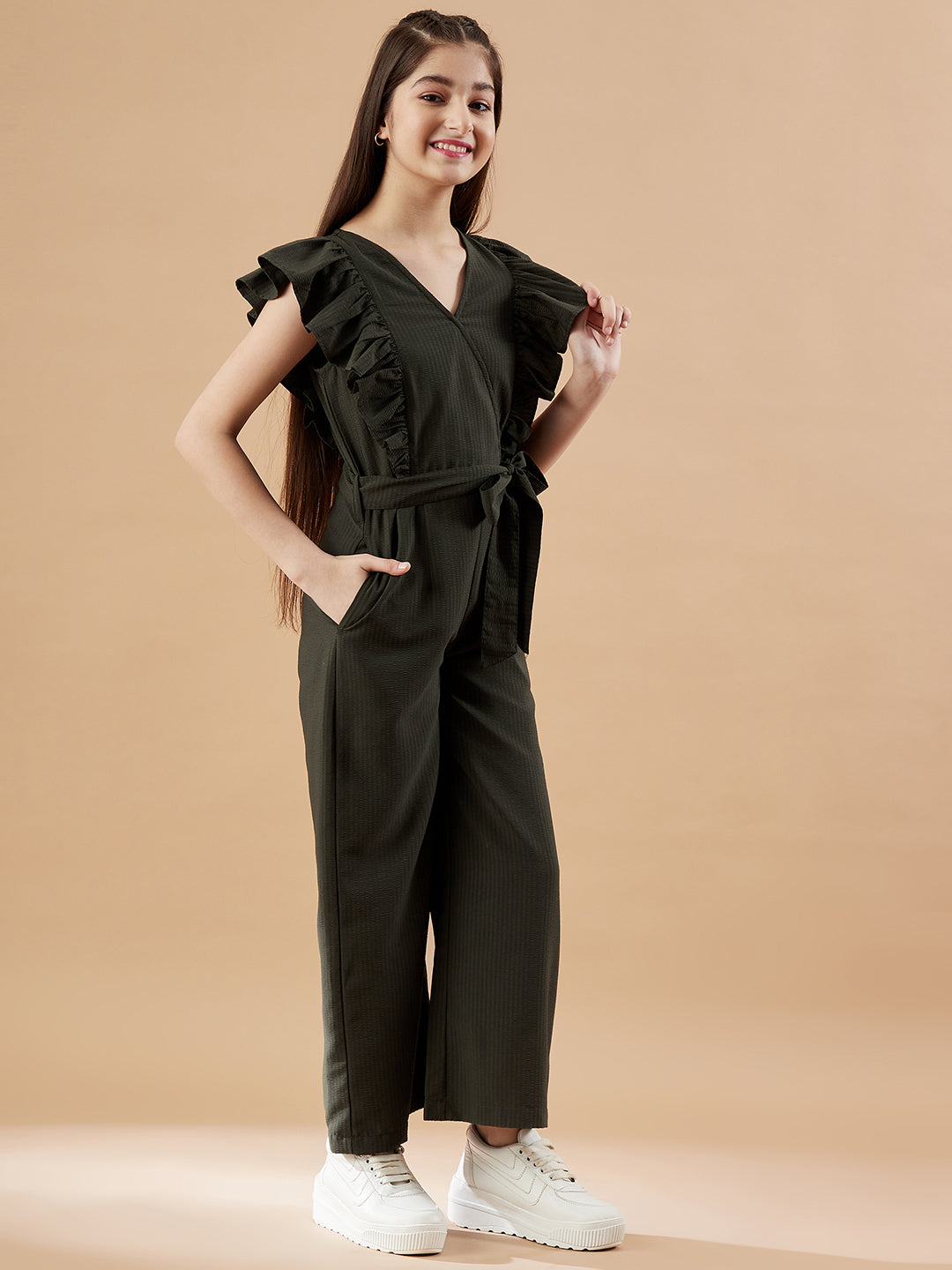 Girls Olive Green Basic Jumpsuit