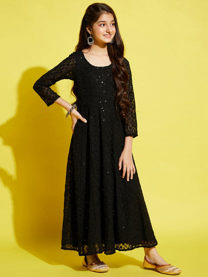 Girls Floral Embroided Maxi Dress - Black