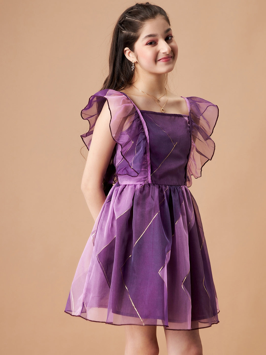 Girls Striped Flutter Sleeves Ruffled Organza Fit & Flare Dress