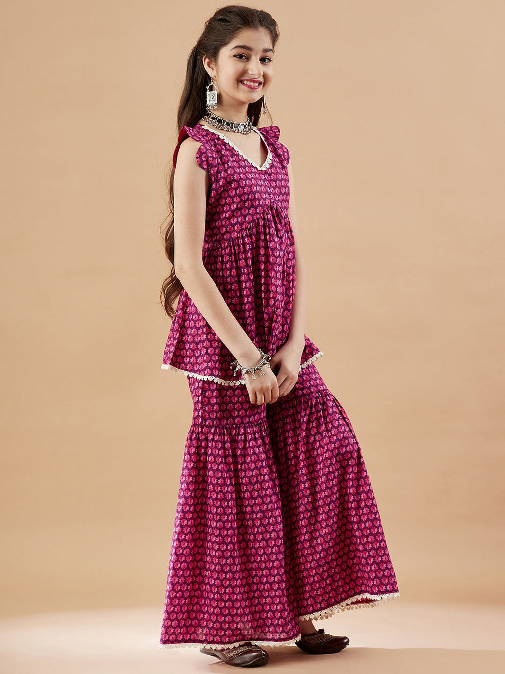 Girls Floral Printed Kurti With Sharara