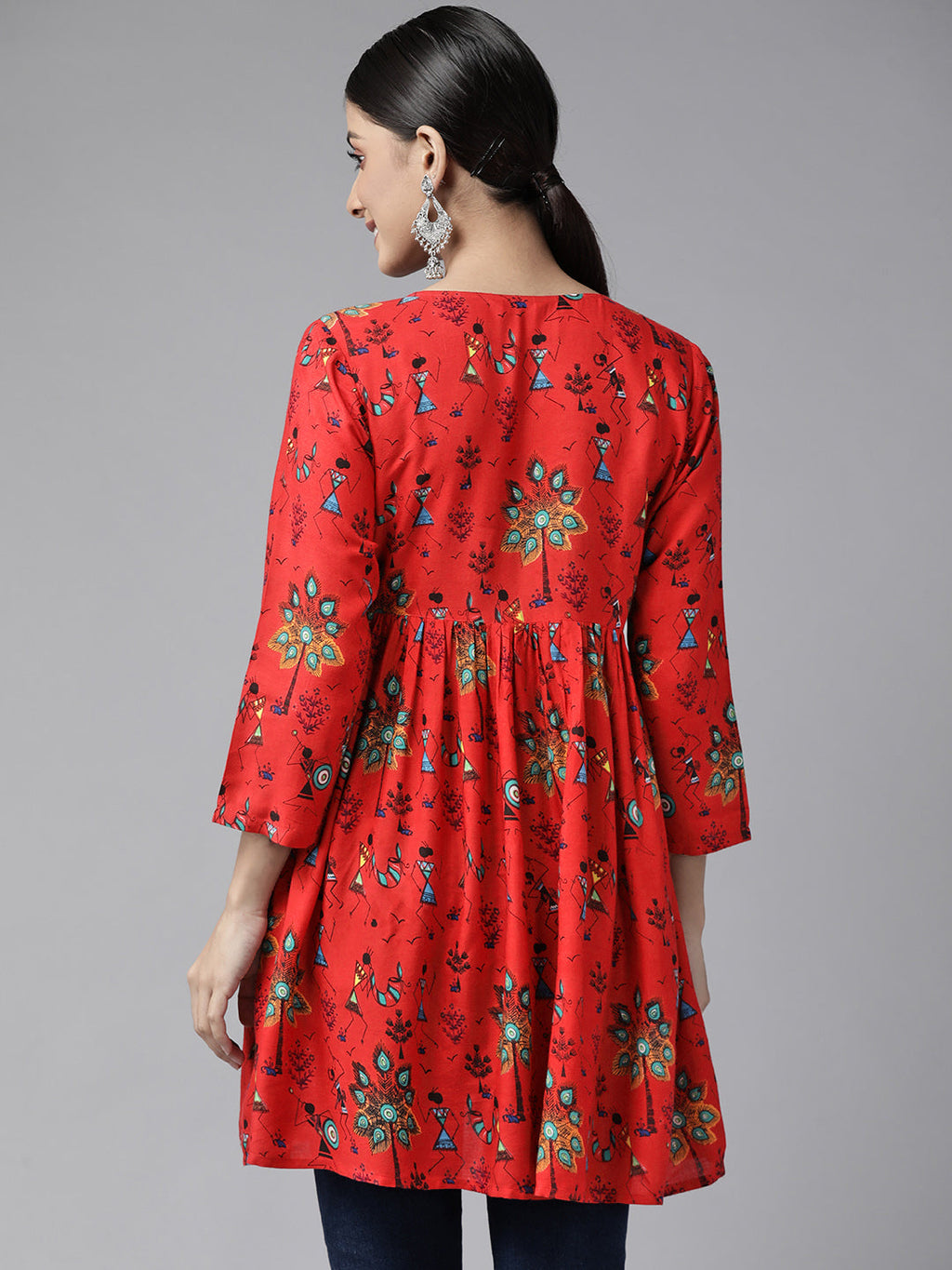 PANIT Women Red  Black Tribal Printed V-Neck Pleated Kurti