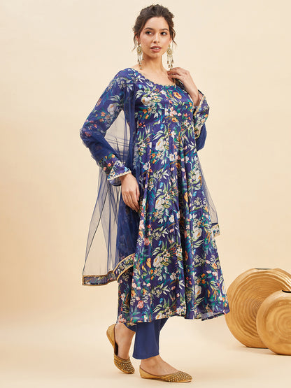 Floral Printed Pleated Anarkali Kurta With Trousers & Dupatta