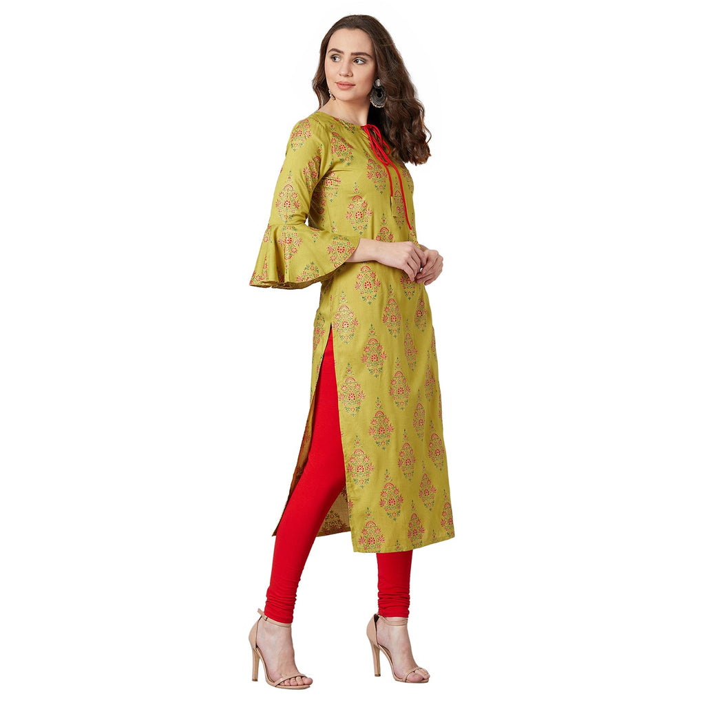 Women Mustard Yellow Printed A-Line Kurta
