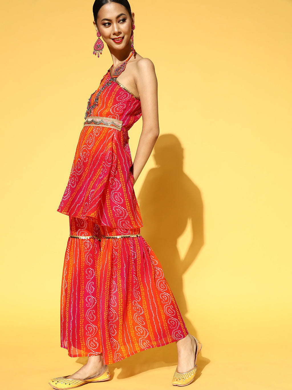 Women Orange & Pink Bandhani Printed One Shoulder Kurta & Sharara with Belt