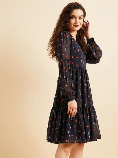 Puffed Sleeves Floral Printed Tiered Fit & Flare Georgette Dress
