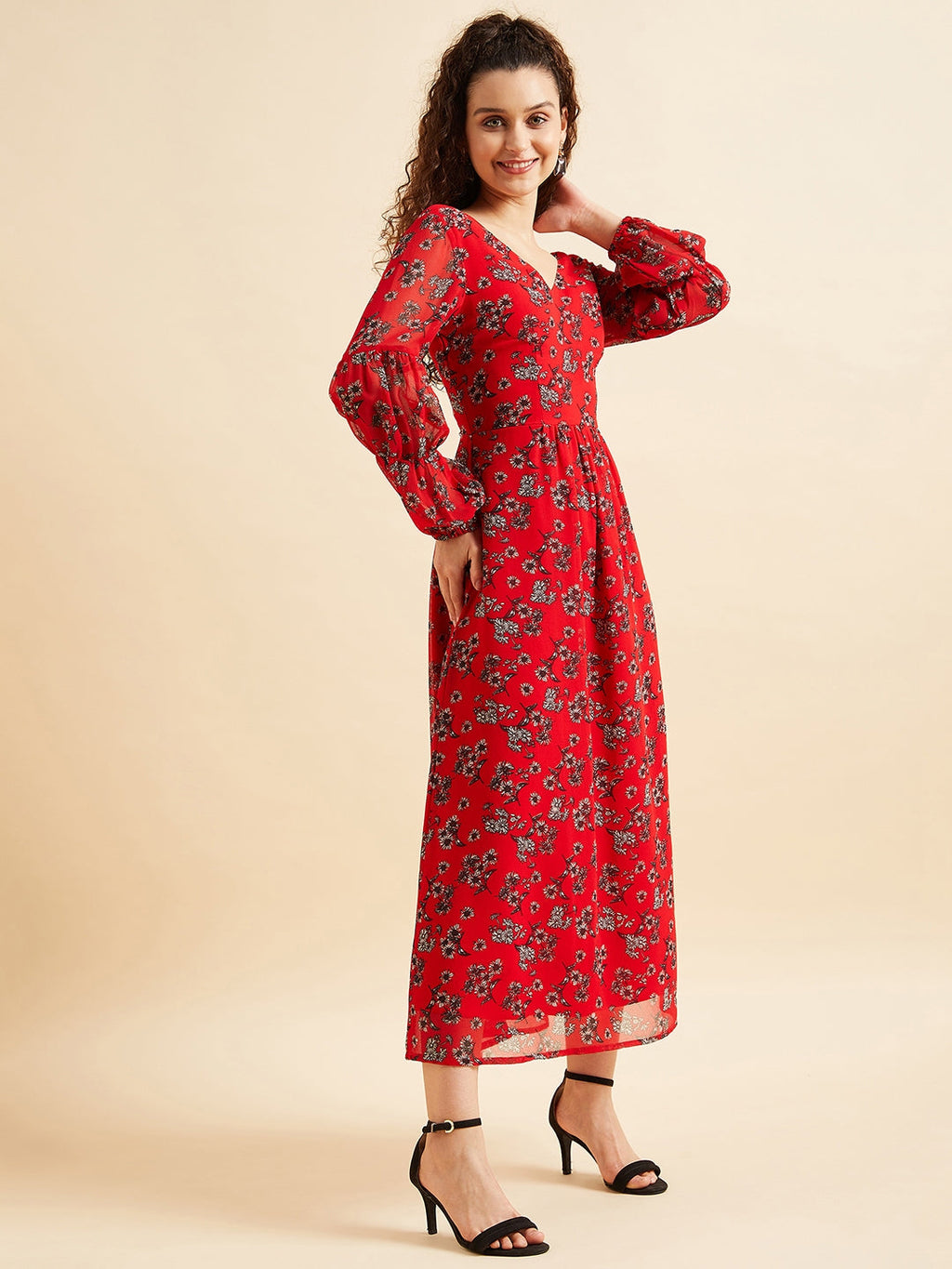 Floral Printed Puff Sleeve Georgette Maxi Dress