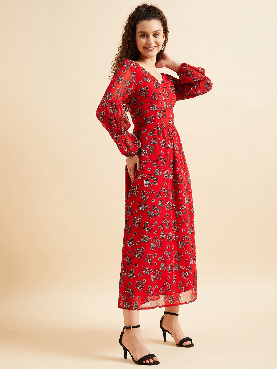 Floral Printed Puff Sleeve Georgette Maxi Dress