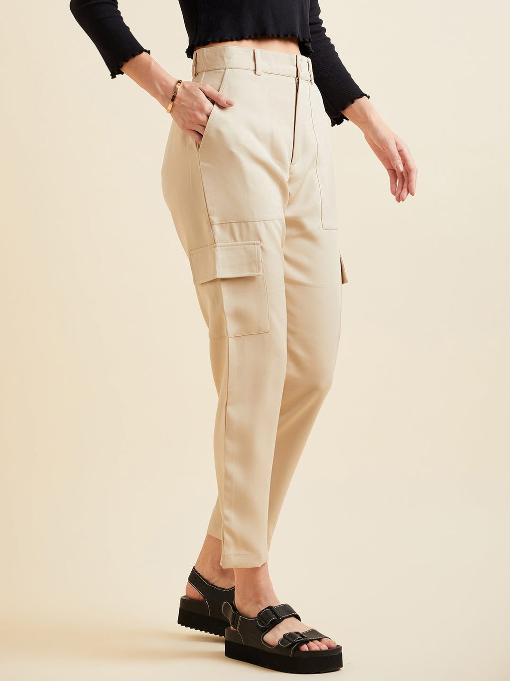 Beige Smart Slim Fit Wrinkle Free Cargo Trousers