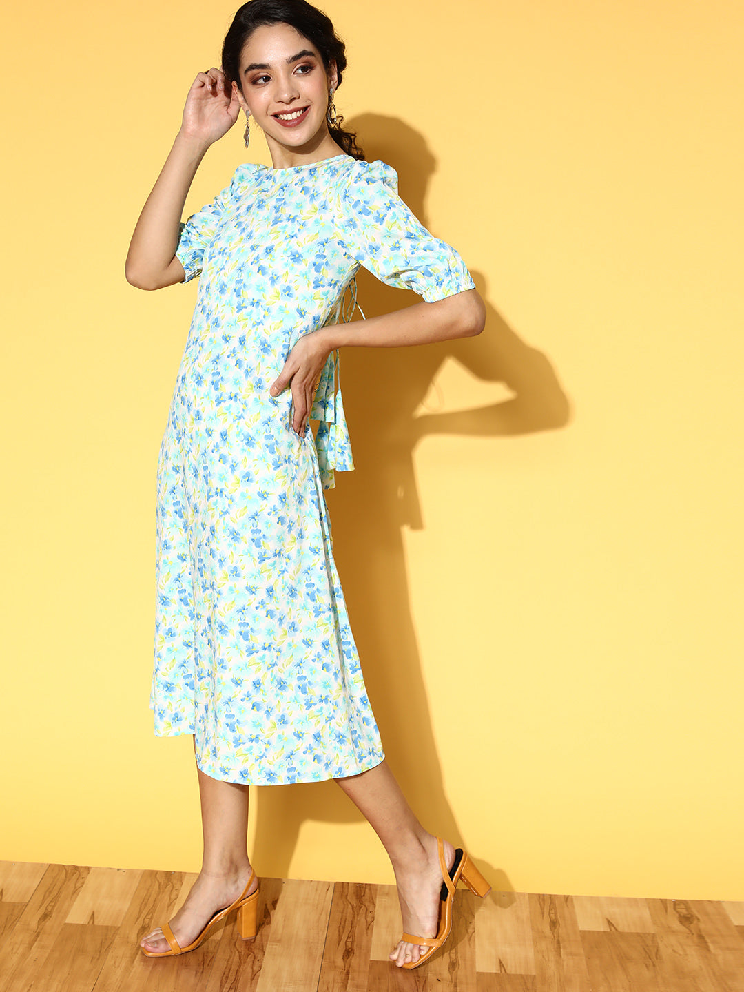 PANIT White  Blue Floral Printed Styled Back A-Line Midi Dress