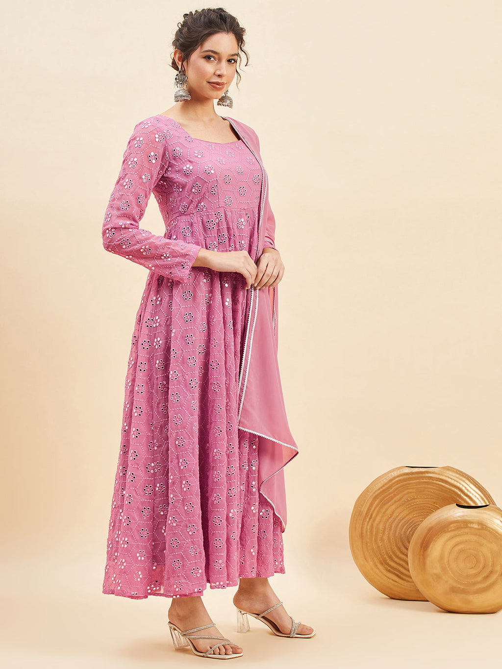 Mirror Embroidered Flared Ethnic Dresses With Dupatta
