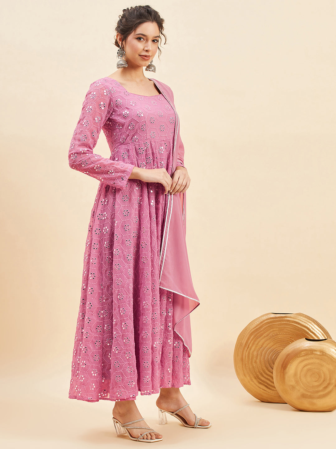 Mirror Embroidered Flared Ethnic Dresses With Dupatta