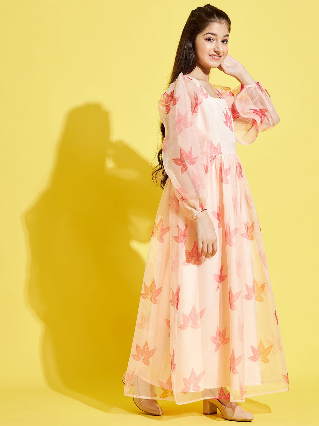 Girl Cream-Coloured leaf printed Maxi Dress