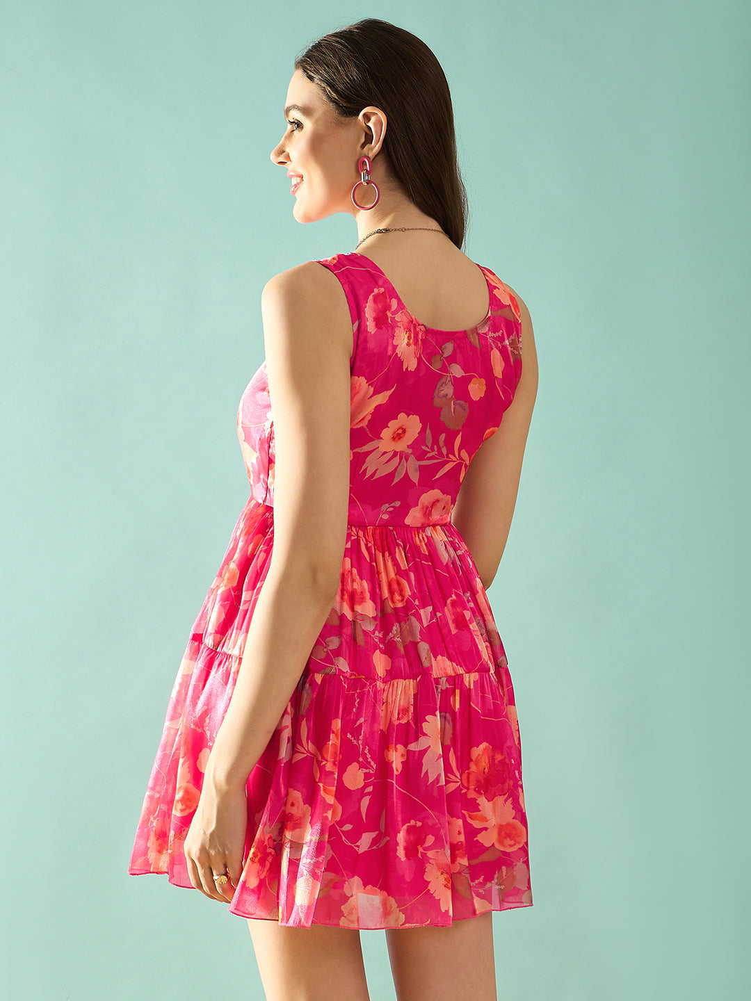 Magenta Pink Floral Print Fit & Flare Dress