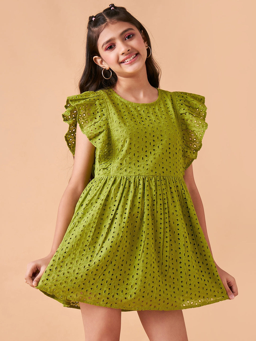 Girls Self Design Flutter Sleeve Cotton Fit & Flare Dress