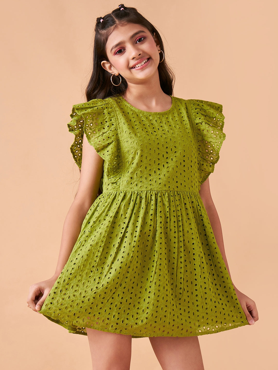 Girls Self Design Flutter Sleeve Cotton Fit & Flare Dress