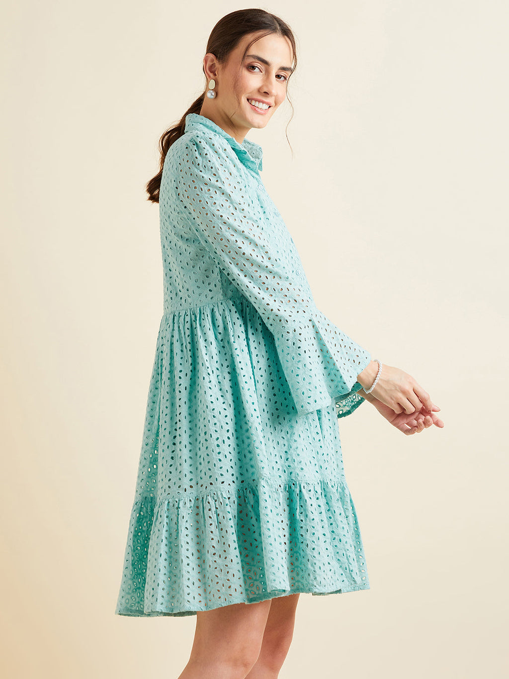 Women Blue Shirt Collar Bell Sleeve Ruffled Schiffli Cotton A-line Dress