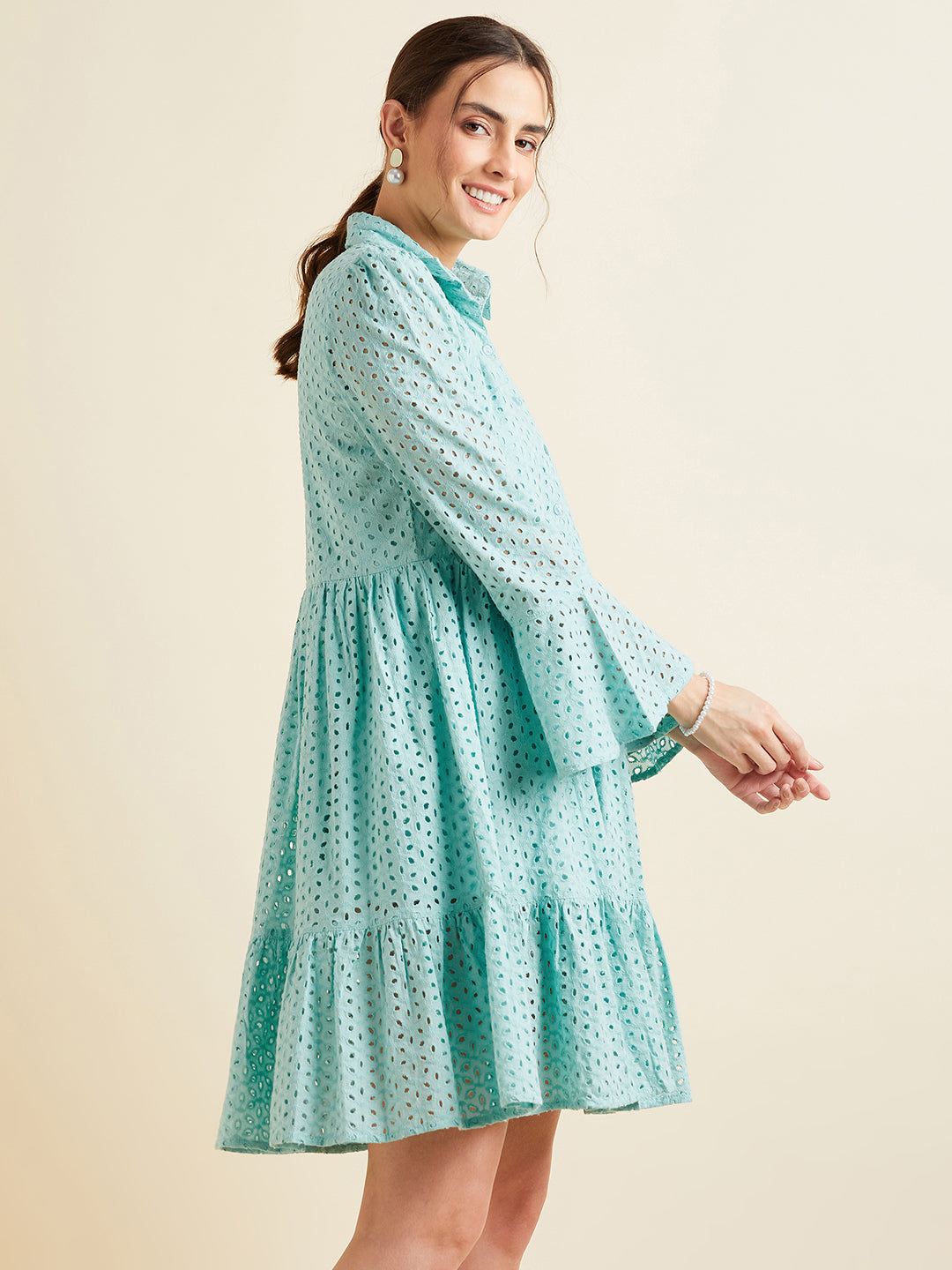 Women Blue Shirt Collar Bell Sleeve Ruffled Schiffli Cotton A-line Dress