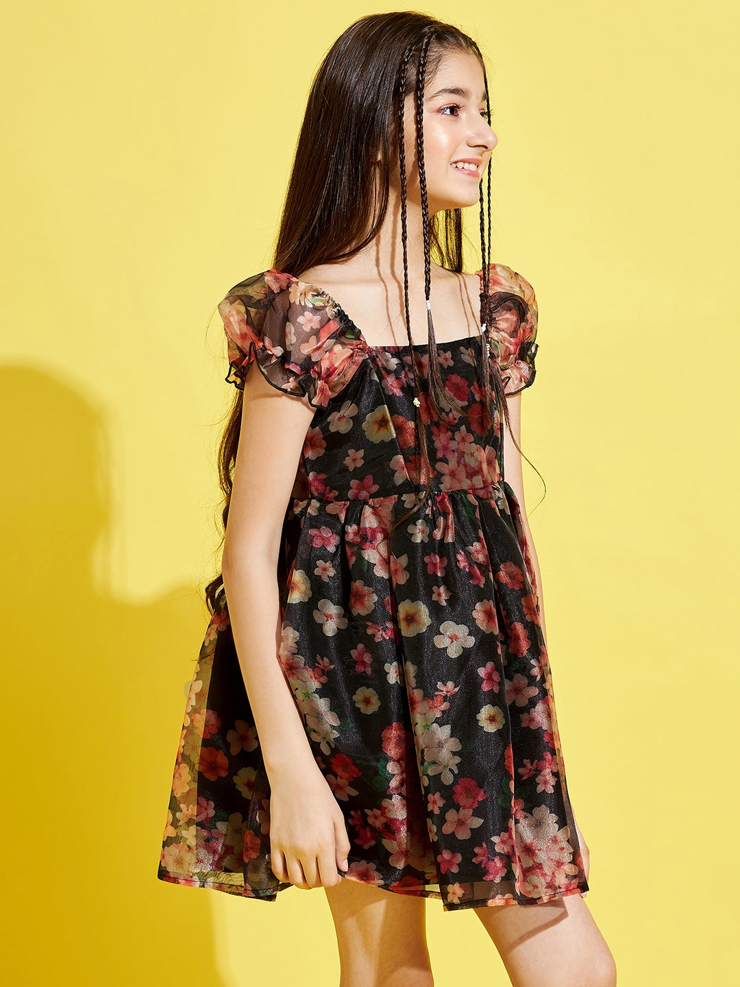Girls Black & Red Floral Dress