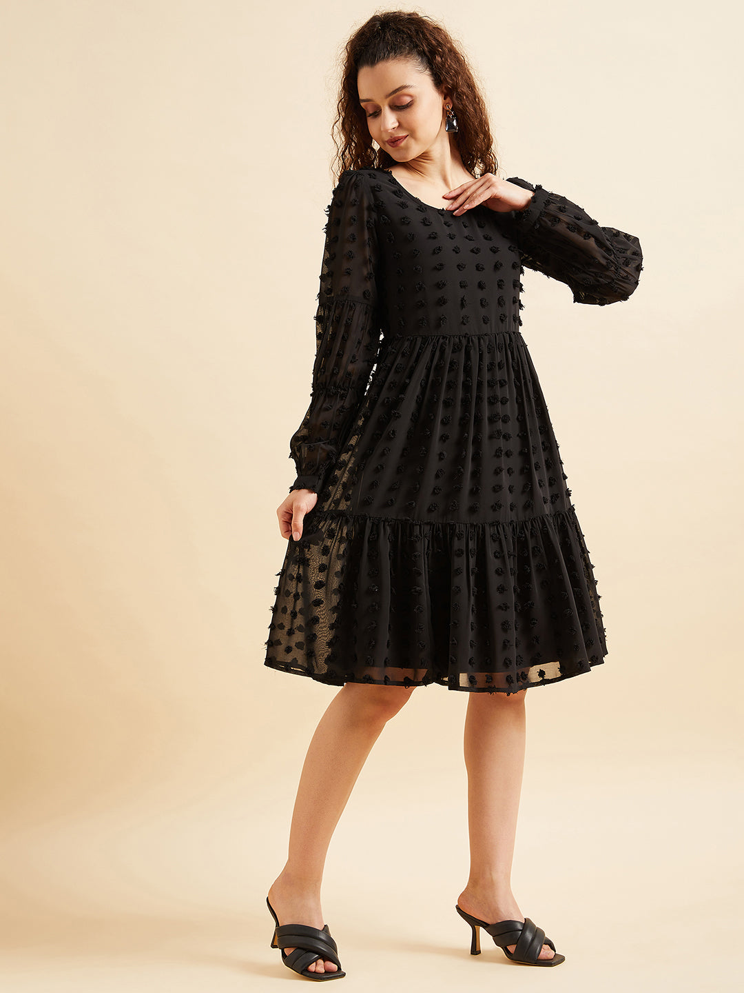 Women Black Puffed Sleeves Tiered Fit  Flare Georgette Dress