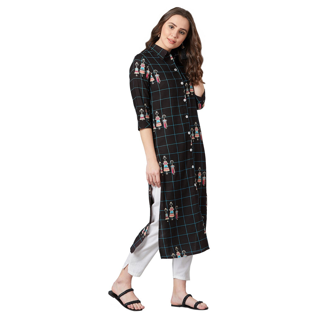 Women Black & Blue Tribal Print Straight Kurta